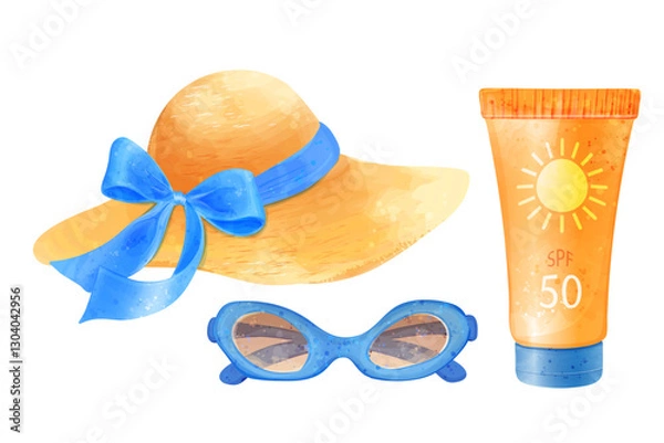 Obraz Sun protection. Hat, sunglasses, sunscreen. Vector watercolor illustration