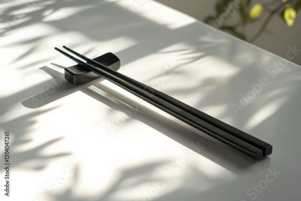 Fototapeta A sleek black chopstick set placed neatly on a modern chopstick rest