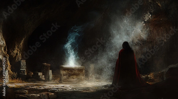 Fototapeta Blood Moon Ritual: The Witch Conjures Samuel's Spirit Amidst Dark Smoke in a Shadowy Cave