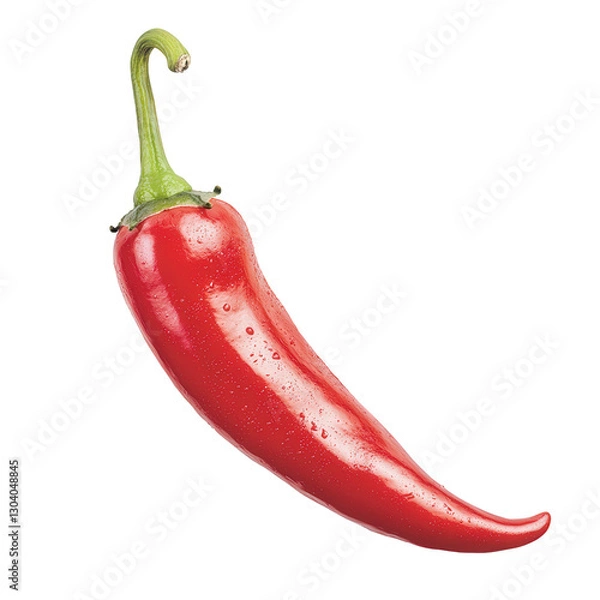 Fototapeta A bright red chili pepper with a curved shape and green stem, showcasing its glossy texture and vibrant color, Transparent background.