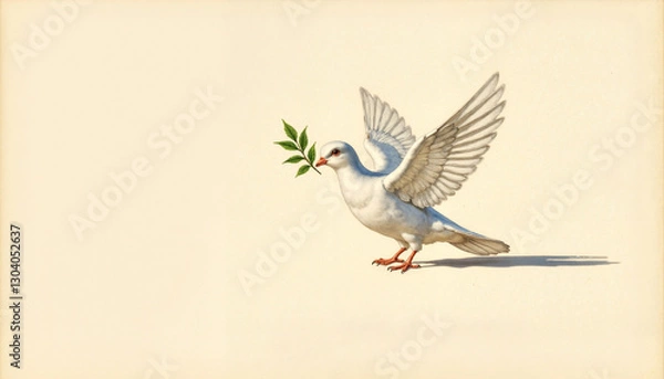 Fototapeta White dove holding olive branch against light background