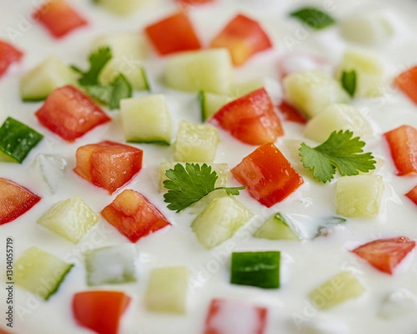 Fototapeta A refreshing bowl of homemade raita, a traditional yogurt-based dish, garnished with finely diced cucumber, tomato, and fresh mint leaves. 