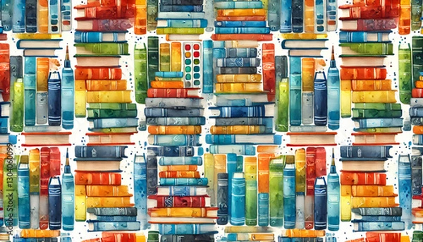 Fototapeta カラフルな水彩の本とアートツールのシームレスパターン