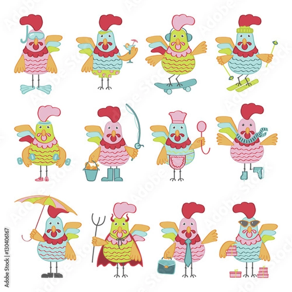 Fototapeta Set of Cute cartoon roosters characters illustration. Vector template with funny cocks. Symbol of 2017 Chinese New Year