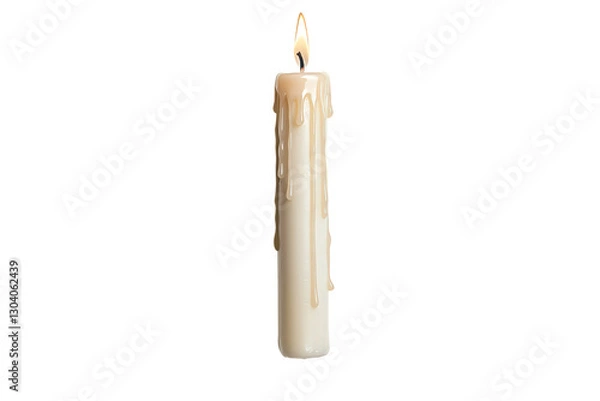 Obraz A single white candle with a flickering flame and melting wax, creating a warm, inviting glow, Transparent background.