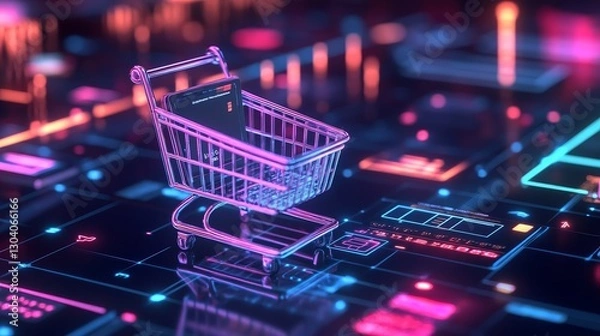 Obraz 3D concept of e-commerce featuring a shopping cart, credit card, and digital transaction icons. Singles' Day. Black Friday. Cyber Monday