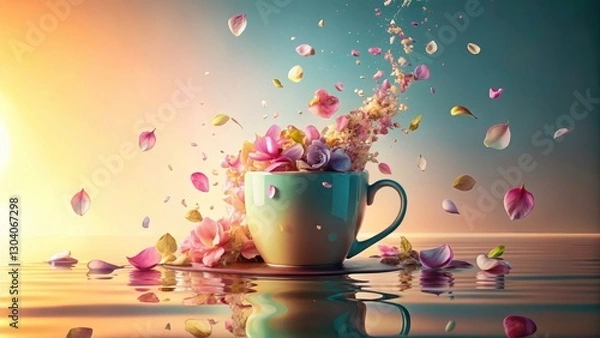 Fototapeta Self-Stirring Mug, Floating Petals, 3D Objects, Pastel Photography
