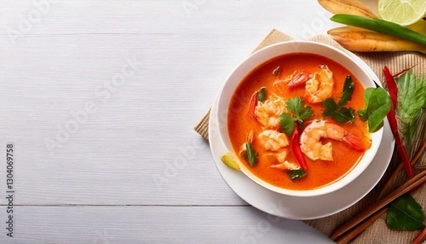 Obraz エビのトムヤムクン。タイ料理のスープとコピースペース