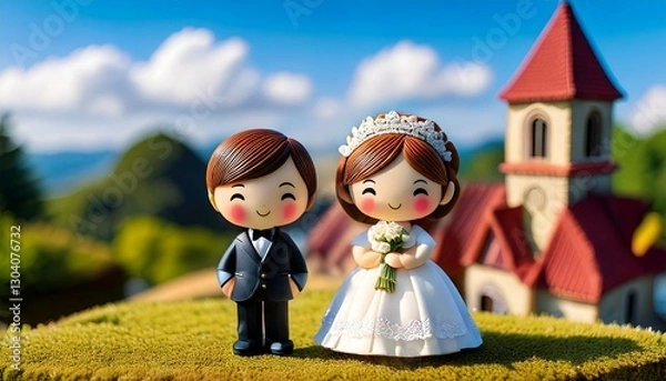 Obraz 教会で結婚式を挙げる新郎新婦のミニチュア