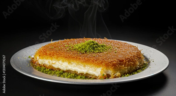 Fototapeta Turkish Künefe Dessert - Shredded kadayıf pastry layered with gooey melted cheese, soaked in sweet syrup, and topped with crushed pistachios