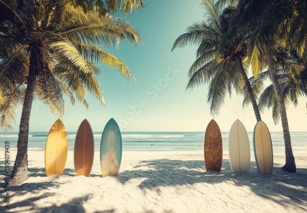 Fototapeta Colorful Surfboards Lined Up on a Tropical Beach Under Palm Trees with Clear Blue Sky and Calm Ocean Waves Creating a Perfect Summer Vibe
