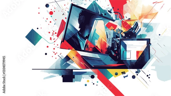 Fototapeta The image is a digital illustration featuring a vibrant abstract composition. It incorporates various geometric shapes, including rectangles, triangles, and squares, in a dynamic