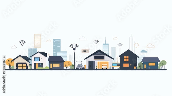 Fototapeta A digital illustration depicting a simplified, stylized cityscape.  The image features a row of houses and buildings in a suburban setting, rendered in a flat design style with minimal