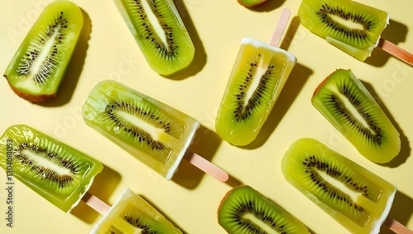 Fototapeta Fruit homemade popsicle slices of Giwi on light yellow background.