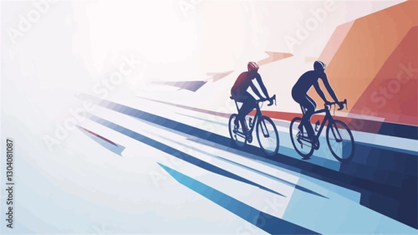Fototapeta The image is a vector illustration depicting two cyclists riding bicycles.  The cyclists are rendered as dark silhouettes against a background of dynamic, abstract lines suggesting speed