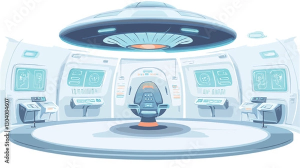 Fototapeta Digital illustration depicting the interior of a futuristic control room or spaceship bridge. The scene is rendered in a clean, minimalist style with predominantly white, light blue, and