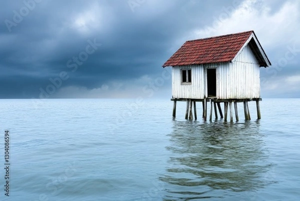 Fototapeta A house on stilts barely above water, surrounded by rising tides and dark storm clouds