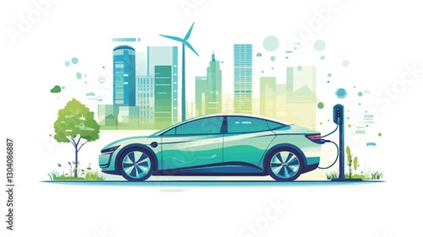 Fototapeta A stylized illustration depicting a teal electric car parked next to a charging station. The car is positioned in the foreground against a backdrop of a stylized city skyline featuring
