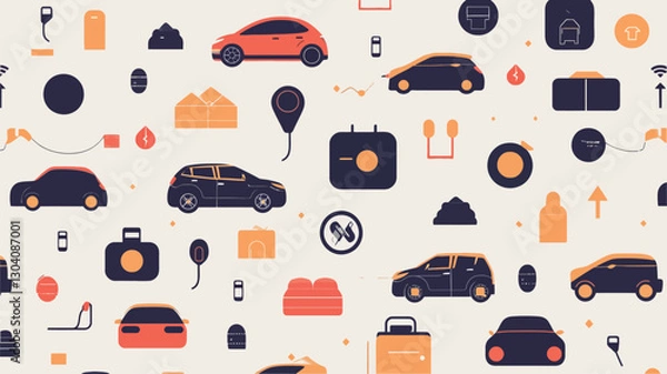 Fototapeta A seamless vector pattern featuring repeating illustrations of electric cars, charging stations, batteries, plugs, and other related icons.  The style is minimalist and flat, with a limited