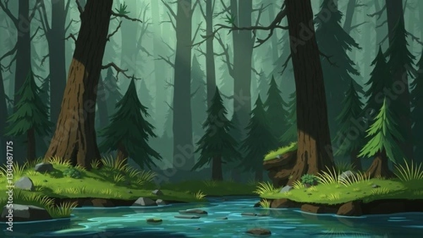 Obraz Serene Forest Stream Tranquil Nature Scene Illustration