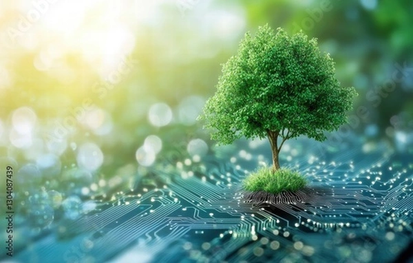 Fototapeta A tree growing on a circuit board with blurry greenery and soft light in the background.