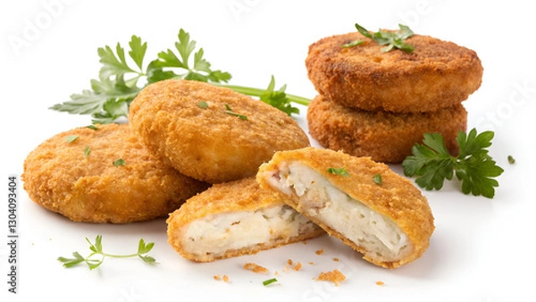 Fototapeta Golden, crispy chicken patties or fish cakes, perfectly fried in breadcrumbs, isolated on a clean white background.