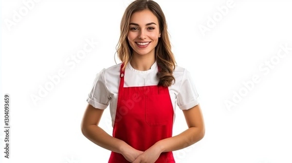 Fototapeta Modern Caucasian waitress wearing a red apron isolated on white