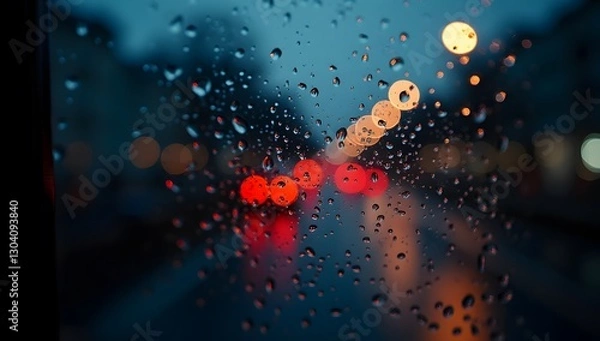 Fototapeta Night Traffic Bokeh Reflected on Rainy Window