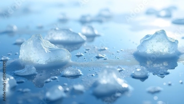 Fototapeta Water Droplets on Cold Ice Surface Macro Shot
