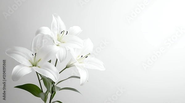 Fototapeta Elegant white lilies gracefully bloom against a soft, minimalist background.