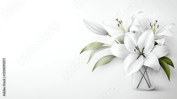 Fototapeta Elegant white lilies in a clear glass vase against a soft, minimalist background, conveying purity and simplicity.