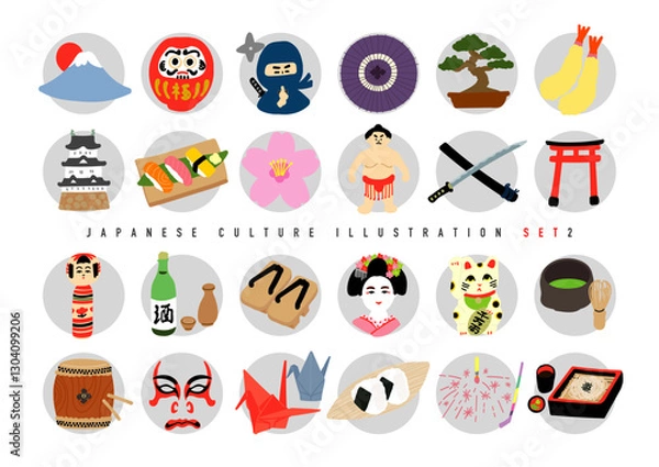 Obraz 日本の手描きイラストセット　背景丸枠付き