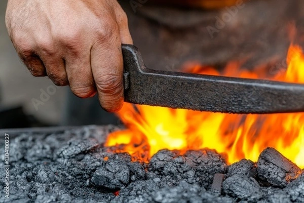 Fototapeta A red-hot metal being forged in a blacksmithâ€™s shop, glowing with intense heat