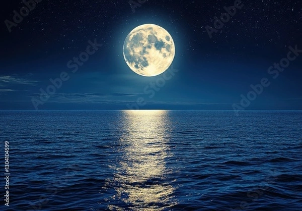 Fototapeta Majestic Full Moon Reflecting on Tranquil Ocean Waters Beneath a Starry Night Sky, Creating a Serene and Enchanting Atmosphere in Nature