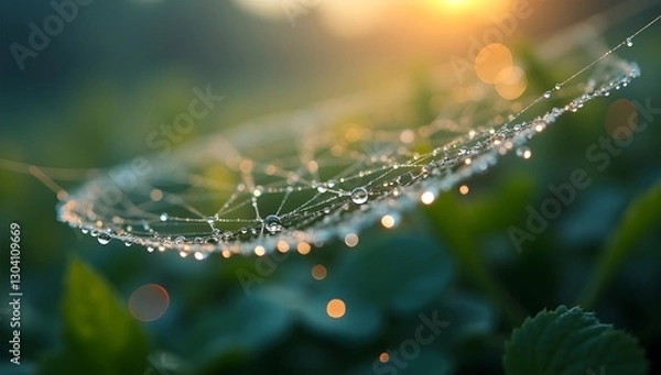 Fototapeta Tiny Dew Drops on Spider Web with Morning Sunlight