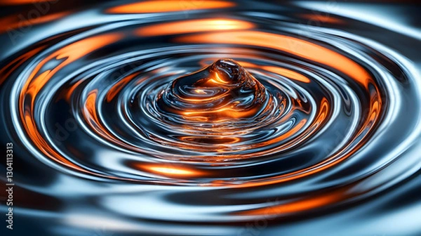 Fototapeta Liquid drop impact, ripples, metallic, abstract background, science