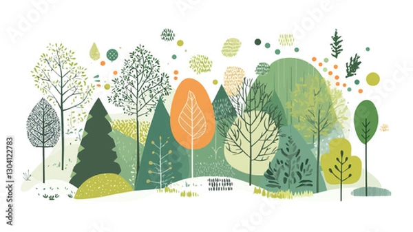 Fototapeta The image is a stylized illustration of a forest landscape.  It features a collection of simplified, abstract trees in various shades of green, orange, and yellow against a white