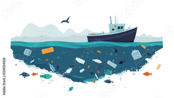 Fototapeta A vector illustration depicting a fishing vessel on a sea surface. Below the waterline, a significant amount of plastic waste and debris is visible, illustrating marine pollution. The
