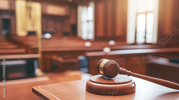 Fototapeta Close-up of a gavel resting on a wooden desk, symbolizing legal victory, justice, and courtroom decisions. Concept of law, authority, and judicial system in action.