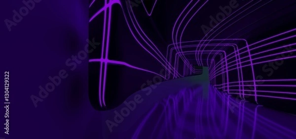Obraz Abstract architectural minimalistic background. Laser show in the ultraviolet spectrum. Modern  impulse tunnel. Futuristic space sci-fi frame neon backlight. 3D illustration and rendering.