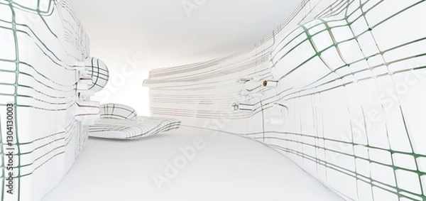 Obraz Luxury parametric abstract architectural minimalistic background. Contemporary showroom. Modern colored glass exhibition tunnel. Empty gallery. Backlight. 3D illustration and rendering.