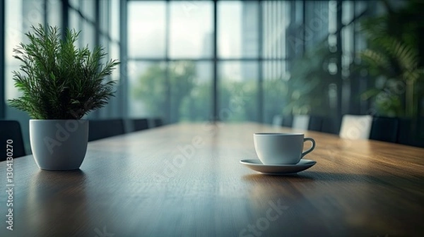 Fototapeta Serene Office Break Coffee and Plants in Modern Workspace