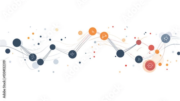 Fototapeta The image is an abstract illustration depicting a network of interconnected nodes.  The nodes are represented by circles of varying sizes and colors (dark gray/blue, orange/red) against a