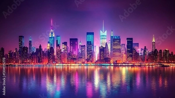 Fototapeta Cityscape at night illuminated by neon lights reflecting on the water's surface