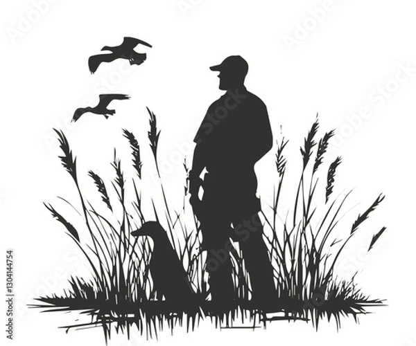 Fototapeta Hunter Silhouette Vector – Kneeling with Rifle in Grass on White Background