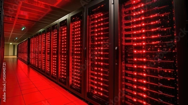 Fototapeta Rows of servers illuminate a data center with red lights