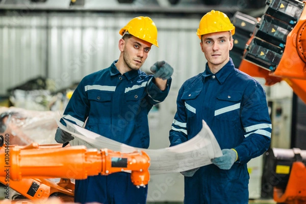 Obraz Engineer Reviewing Blueprint in Robotic Facility