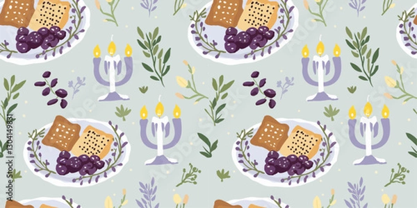 Fototapeta An elegant Seder plate with matzah, bitter herbs, charoset, and a roasted bone, as well as a small candle glowing gently that reflects the warmth and simplicity of Passover Eve.