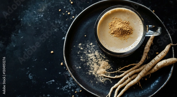 Fototapeta Photo of a glass cup with ashwagandha powder and a drink on a plate, next to it are some ginseng roots. On a black background