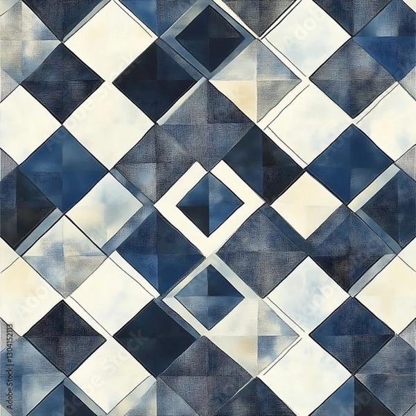Fototapeta Diamond pattern Blue, white tile repeat